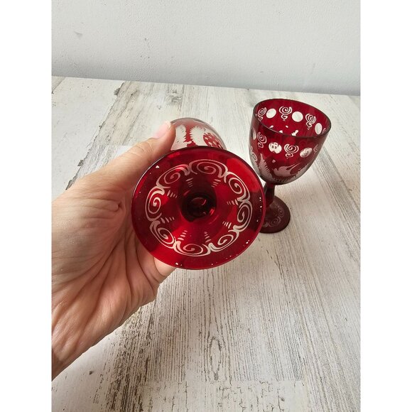 Egermann mini wine champagne Bohemian red glass cut bird cranberry ruby - Picture 7 of 7